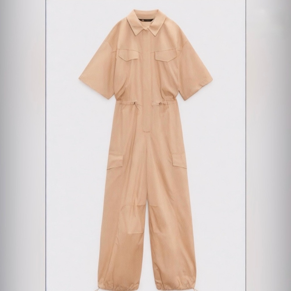 Zara Tan Cotton Utility Cargo Jumpsuit Belted Waist NWT